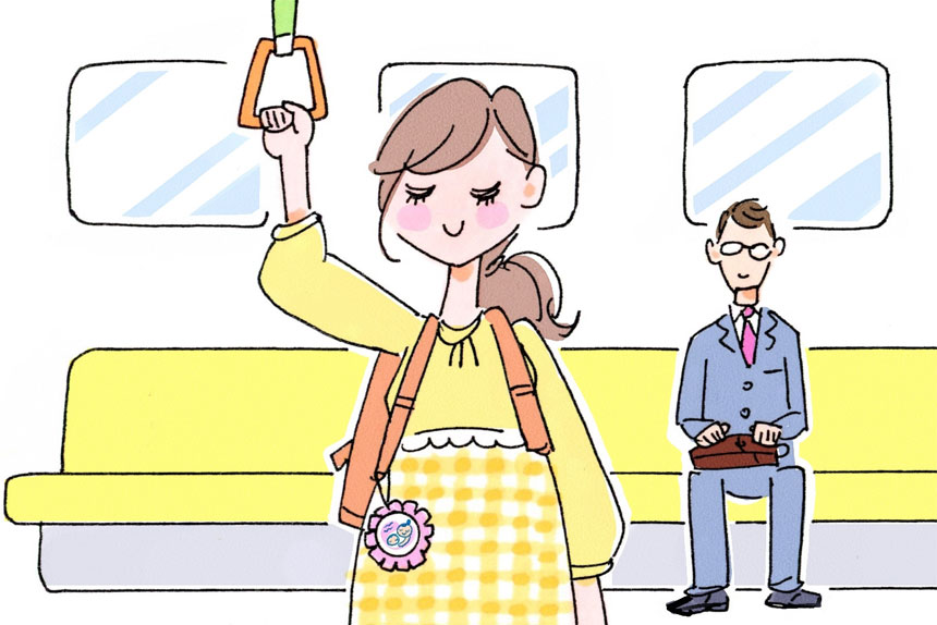 電車に乗っているマタニティさんイラスト