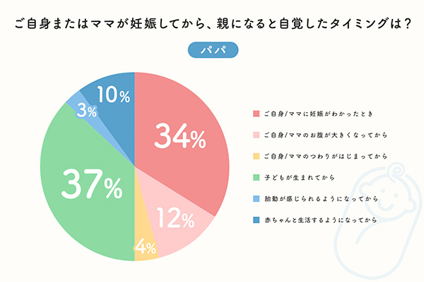 アンケート結果グラフ：パパ：ご自身またはママが妊娠してから、親になると自覚したタイミングは？